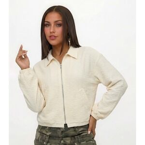 Scoop Women's Lightweight Bomber Jacket Ivory Zip Front Casual Spring Coat Small